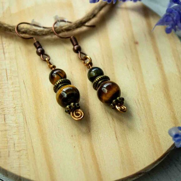 Tiger’s Eye Drop Earrings with Bronze and Copper Accents - Picture 7 of 11